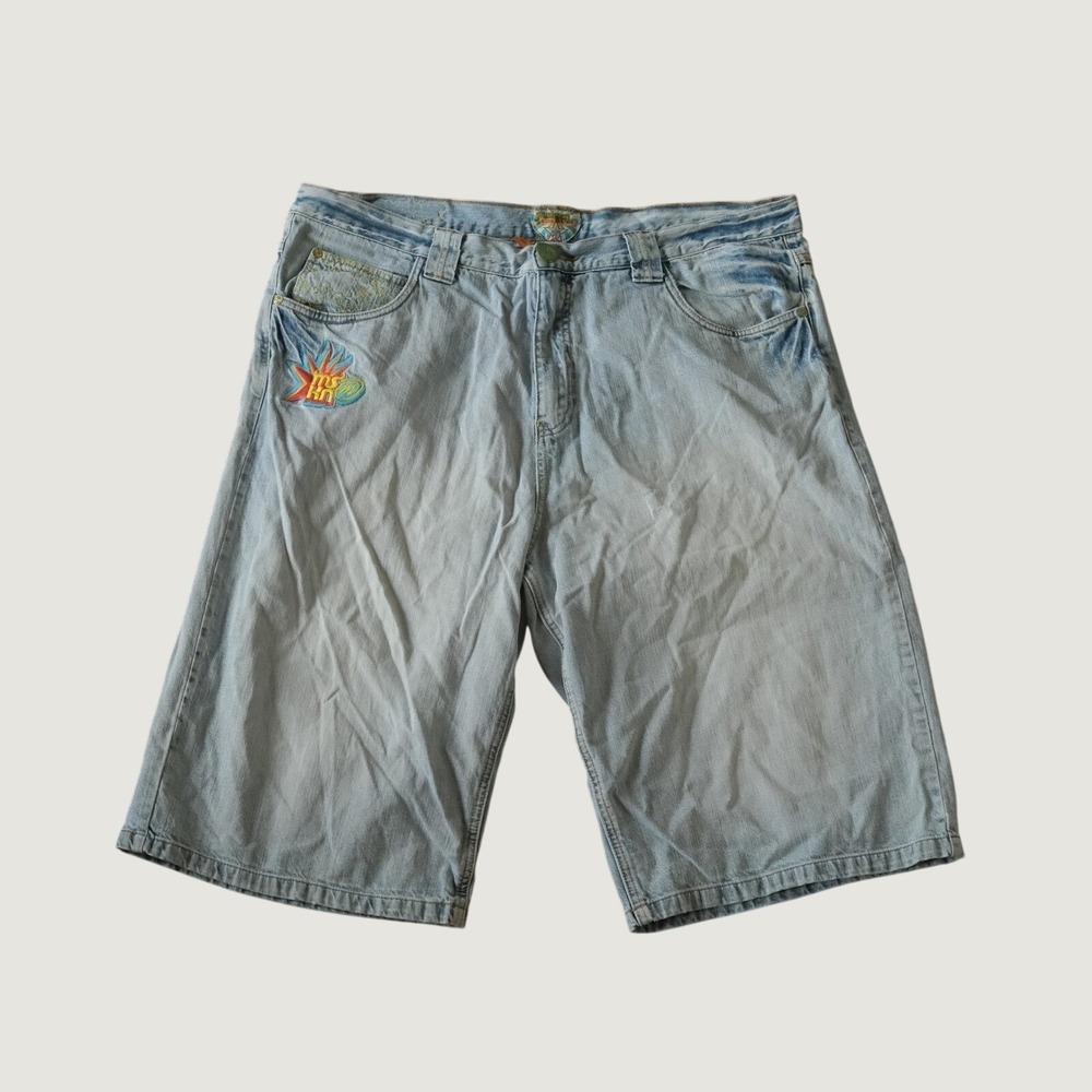 Miskeen Denim Shorts Mens Light Wash Embroidered Baggy Y2K Size 40 Streetwear